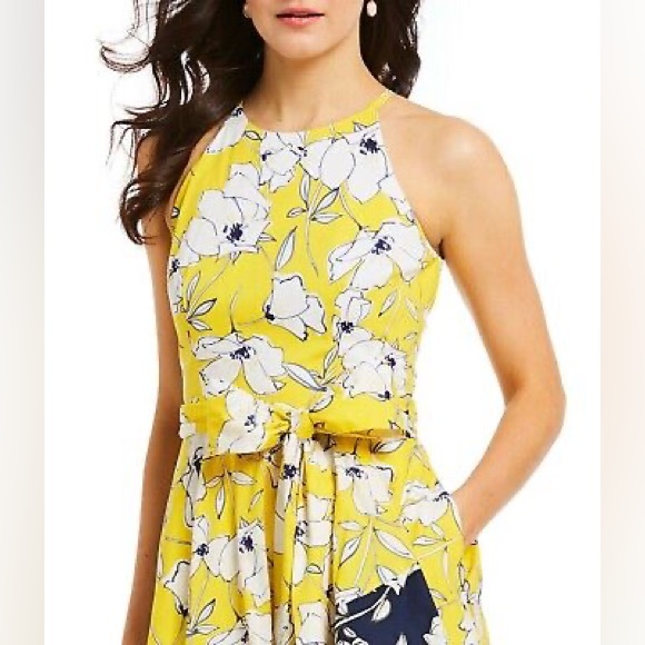 Petite Eliza J Floral Tie Waist Dress, Size 8P - Yellow - Picture 3 of 8